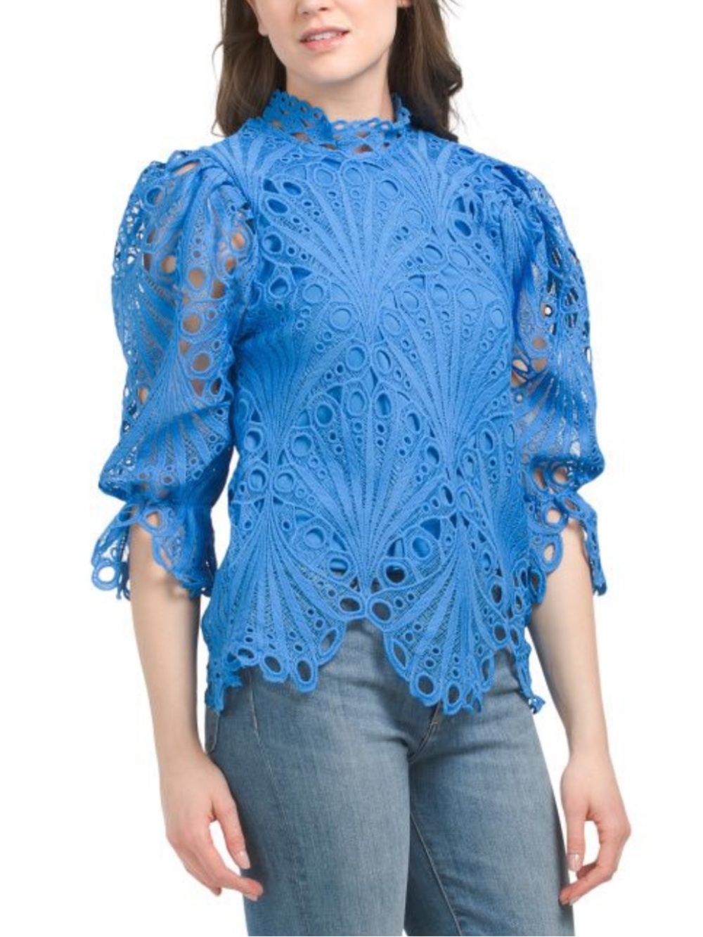 Ultra Pink Medium Blue Lace Puff-Sleeve Blouse